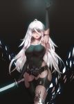  absurdres android arm_up armlet armpits black_gloves black_shorts blue_triangular breasts collarbone commentary curvy elbow_gloves english_commentary eyebrows_visible_through_hair gloves grey_eyes highres holding holding_sword holding_weapon large_breasts long_hair mole mole_under_mouth nier_(series) nier_automata patreon_username pink_lips robot_joints short_shorts shorts silver_hair sword tank_top very_long_hair weapon yorha_type_a_no._2 
