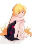  1girl barefoot black_dress blonde_hair bow closed_mouth dress elbow_on_knee highres knee_up light_blush long_hair looking_at_viewer moku_(muooku) monogatari_(series) oshino_shinobu pointy_ears red_bow shiny_skin sleeveless sleeveless_dress very_long_hair white_background yellow_eyes 