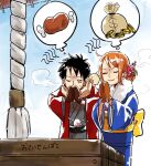  1boy 1girl aji_of_aji55 black_hair blue_kimono breath brown_gloves closed_eyes coin day flower food frown fur_trim gloves gold_coin hair_flower hair_ornament highres japanese_clothes kimono meat medium_hair money_bag monkey_d._luffy nami_(one_piece) obi one_piece orange_hair outdoors praying red_kimono rope sash scar scar_on_face scarf shimenawa short_hair sweatdrop thought_bubble winter_clothes yellow_scarf 