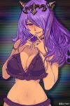  1girl akutom_(etgd4378) alternate_costume bikini bracelet breasts camilla_(fire_emblem) cleavage fire_emblem fire_emblem_fates hair_over_one_eye horn_ornament horns jewelry large_breasts long_hair looking_at_viewer navel parted_bangs purple_bikini purple_hair red_eyes smile solo striped_background swimsuit tiara twitter_username upper_body wavy_hair 