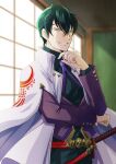  1boy belt black_pants black_shirt blurry coat collared_shirt depth_of_field fate/grand_order fate_(series) gold_trim green_eyes green_hair grin hand_up highres indoors itou_kashitarou_(fate) jacket long_sleeves looking_at_viewer male_focus necktie pants parted_lips purple_jacket purple_necktie sheath sheathed shirt short_hair shouji sliding_doors smile solo tsunoda_uei upper_body white_coat 