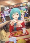  5girls anna_(fire_emblem) aqua_hair bag bare_shoulders blush brown_footwear chicken_nuggets closed_eyes closed_mouth commentary cup disposable_cup dropping earrings eating eirika employee_uniform english_commentary ephraim eyebrows_visible_through_hair fast_food fast_food_uniform fire_emblem fire_emblem:_seima_no_kouseki fire_emblem_heroes food french_fries hair_between_eyes hamburger handbag highres holding holding_food innes ippers jewelry joshua_(fire_emblem) l'arachel long_hair lute_(fire_emblem) marica_(fire_emblem) menu multiple_boys multiple_girls off-shoulder_sweater open_mouth outstretched_hand pointing pov red_sweater restaurant salad school_uniform serafuku smile soft_drink sweater table tile_floor tiles tray uniform visor_cap white_legwear 