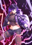  1girl absurdres black_hair black_jacket black_shorts breasts clenched_hand collar fighting_stance fingerless_gloves gloves gradient_hair highres jacket light_smile medium_breasts midriff multicolored_clothes multicolored_hair multicolored_jacket pantyhose_under_shorts purple_eyes purple_hair purple_jacket purple_lightning reina_(tekken) schnuz short_hair shorts solo sports_bra tekken tekken_8 thigh_strap two-tone_hair two-tone_jacket 