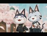  1boy 1girl :3 :d ^_^ animal_crossing artist_name backpack bag black_jacket black_pants blue_bag blue_sailor_collar blue_skirt blue_sky blurry blurry_background blush buttons cat_boy cat_girl cherry_blossoms closed_eyes commentary day falling_petals furry furry_female furry_male gakuran grey_bag hands_up highres jacket kaji_(oni_atat) lamppost laughing letterboxed lolly_(animal_crossing) long_sleeves neckerchief open_mouth outdoors pants petals pleated_skirt punchy_(animal_crossing) red_neckerchief sailor_collar school_bag school_uniform serafuku shirt shoulder_bag skirt sky sleeve_cuffs smile symbol-only_commentary tree twitter_username walking white_shirt 