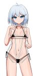  1girl :3 absurdres bikini black_bikini blue_eyes blue_hair breasts clothes_in_front cowboy_shot gosegu hair_between_eyes hair_ornament hairclip healthykim highres holding holding_clothes holding_clothes_hanger holding_swimsuit light_blue_hair looking_at_viewer micro_bikini navel nipples nude short_hair side-tie_bikini_bottom simple_background small_breasts smug solo stomach swimsuit swimsuit_hanger unworn_swimsuit virtual_youtuber waktaverse white_background 