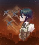  1girl aircraft airplane brown_eyes collared_shirt cropped_torso danganronpa:_trigger_happy_havoc danganronpa_(series) embers from_side frown hair_between_eyes highres ikusaba_mukuro jet looking_up military_vehicle neck_ribbon profile red_background red_ribbon ribbon shirt short_hair solo soshu_(socsuperfluous) su-25 vest white_shirt 