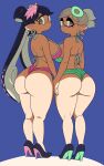  +_+ 2girls ass bikini blue_background callie_(splatoon) cephalopod_eyes cousins ear_piercing from_behind green_bikini halterneck high_heels highres huge_ass long_hair looking_at_viewer marie_(splatoon) mole mole_under_eye multiple_girls object_on_head piercing pink_bikini pointy_ears splatoon_(series) splatoon_1 standing strap_gap suction_cups swimsuit tentacle_hair thick_thighs thighs yellow_eyes yuta_agc 