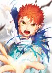  1boy bleeding blood blue_shirt blurry blurry_background colored_skin commentary depth_of_field emiya_shirou fate/stay_night fate_(series) fighting_stance grey_background highres incoming_attack injury long_sleeves looking_at_viewer multicolored_skin nose open_hands open_mouth orange_hair otama_(atama_ohanabatake) outstretched_arms shirt short_hair simple_background solo spiked_hair teeth torn_clothes torn_shirt two-tone_skin v-shaped_eyebrows white_shirt wide-eyed yellow_eyes 