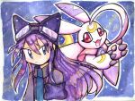  1girl black_eyes black_jacket crescent digimon_story:_sunburst_and_moonlight goggles goggles_on_head highres jacket lunamon macaheroes purple_hair red_eyes sayo_(digimon) traditional_media twitter_username watermark 