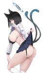  1girl absurdres animal_ear_fluff animal_ears ass black_bra black_hair black_panties blue_archive blue_halo blue_skirt bob_cut bra breasts cat_ears cat_girl cat_tail clothes_lift commentary_request covered_nipples halo highres kasumi_saika kikyou_(blue_archive) large_breasts lifted_by_self long_sleeves looking_at_viewer mouth_hold multiple_tails panties pleated_skirt school_uniform shirt shirt_lift side-tie_panties simple_background skirt skirt_lift socks solo standing tail thighs underwear white_background white_shirt white_socks 