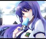  1girl aoi_sena blue_hair blush chaos;head cloud dark_blue_hair food holding holding_food holding_popsicle koisikawaiiyo long_hair looking_at_viewer necktie popsicle school_uniform sky solo upper_body 