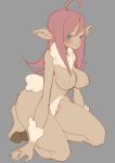  5_fingers anthro auri_(spikedmauler) big_breasts blue_eyes blush breasts caprine female grey_background hair hooves kneeling long_hair looking_at_viewer mammal pink_hair sheep simple_background solo ssangbongllama thick_thighs wide_hips wool 