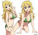  1girl ahoge all_fours artist_name bare_arms bare_shoulders barefoot bikini blonde_hair blush breasts cleavage collarbone from_side green_bikini green_eyes hand_up highres hoshii_miki idolmaster idolmaster_(classic) large_breasts long_hair looking_at_viewer multiple_views open_mouth shisoneri side-tie_bikini_bottom simple_background smile solo swimsuit twitter_username waving white_background 