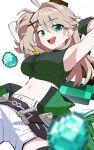  1girl :d ahoge armpits arms_up bare_shoulders belt black_belt blurry blurry_foreground breasts brown_hair commentary crop_top dated diamond_(gemstone) earrings elsword gloves green_eyes green_shirt green_thighhighs hair_between_eyes hair_ornament highres holding holding_pickaxe jewelry large_breasts lithia_beryl_(elsword) long_hair looking_at_viewer midriff minecraft minecraft_pickaxe navel necklace one_side_up open_mouth pickaxe shirt short_shorts shorts sidelocks signature simple_background sleeveless sleeveless_shirt smile sollyz solo stud_earrings teeth thighhighs upper_teeth_only waist_cape white_background white_shorts x_hair_ornament 