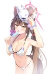  1girl absurdres animal_ear_fluff animal_ears bead_bracelet beads bikini blue_archive blush bow bracelet breasts brown_hair cleavage collarbone commentary cowboy_shot food fox_ears fox_girl fox_mask fox_tail hair_bow halo highres holding holding_food holding_popsicle jewelry large_breasts long_hair looking_at_viewer mask navel open_mouth pink_halo popsicle purple_bow rupinn_art simple_background solo sparkle stomach swimsuit tail tongue tongue_out very_long_hair wakamo_(blue_archive) wakamo_(swimsuit)_(blue_archive) white_background white_bikini yellow_eyes 