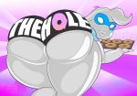  &lt;3 alien bent_over big_butt butt clothed clothing doughnut english_text facial_markings food girly grey_skin heart_mark hero lips looking_at_viewer looking_back male markings mask not_furry puwa puwa_boy super_hero text thick_thighs zandolaf 
