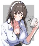  1girl abataa ashigara_(kancolle) beer_can breasts brown_eyes can cleavage collared_shirt commentary_request dress_shirt drink_can hairband holding holding_can kantai_collection large_breasts long_hair shirt solo two-tone_background undershirt upper_body white_hairband white_shirt 