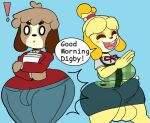 animal_crossing balls big_balls big_breasts big_butt big_penis bodily_fluids bottomless breasts buenos_dias_mandy bulge butt canid canine canis clothed clothing dialogue digby_(animal_crossing) domestic_dog duo english_text exclamation_point fully_clothed furu_flami genital_fluids genitals gynomorph intersex intersex/male isabelle_(animal_crossing) male mammal meme nintendo partially_clothed penis precum precum_through_clothing simple_background text thick_thighs wet wet_clothing