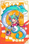  1girl absurdres animal_ears antlers aqua_hair blonde_hair chinese_zodiac closed_mouth colored_tips deformed dragon dragon_dance dragon_tail eastern_dragon egasumi english_text flower full_body fur-tipped_tail geta hair_flower hair_ornament happy_new_year highres holding horns looking_at_viewer multicolored_background multicolored_hair new_year nontraditional_miko orange_background original pants pink_eyes red_background red_flower red_pants sheep_avery short_hair solo spinning_top star-shaped_pupils star_(symbol) symbol-shaped_pupils tail wide_sleeves year_of_the_dragon 