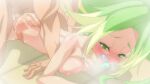 1boy 1girl bathhouse breasts cum cum_in_pussy cum_overflow green_eyes green_hair half-closed_eyes high_ponytail highres jewelpet_(series) jewelpet_magical_change jewelry large_breasts mating_press mounting necklace peridot_(jewelpet) steam sweat sweatdrop teiputi 