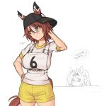  2girls animal_ears arm_behind_head baseball_cap brown_hair commentary daiwa_major_(racehorse) daiwa_scarlet_(umamusume) ear_covers ears_through_headwear exasperation fukuro_(maruaru00) genderswap genderswap_(mtf) gym_shirt gym_shorts hair_between_eyes hand_on_own_hip hat head_tilt highres horse_ears horse_girl horse_tail long_hair multicolored_hair multiple_girls original personification race_bib shirt short_sleeves shorts sideways_hat sketch tail thought_bubble tiara translated twintails two-tone_hair umamusume v-shaped_eyebrows visible_air white_hair white_shirt yellow_eyes yellow_shorts 