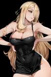  1girl black_background black_dress black_nails blonde_hair breasts cleavage closed_mouth covered_navel cowboy_shot cynthia_(pokemon) dress facing_viewer grey_eyes hair_ornament hair_over_one_eye highres large_breasts lips long_hair looking_to_the_side making-of_available pokemon pokemon_dppt short_dress simple_background solo thighs tor_(torkrub111) very_long_hair 