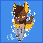 4_fingers anthro arms_bent bat black_crop_top blue_background blush blush_lines brown_body brown_eyebrows brown_fur brown_hair brown_nose chibi clothing crop_top endcoon eyebrows fingers front_view fur gradient_fur grey_sweatpants hair leaf-nosed_bat looking_at_viewer male mammal microbat midriff navel neck_tuft shirt simple_background smile smirk solo solo_focus spread_arms sweatpants tan_body tan_fur topwear tuft vampire_bat veri_tikkari_(stamperpandragon) wings yangochiropteran yellow_body yellow_eyes yellow_inner_ear yellow_wings