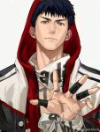  1boy absurdres bandaid bandaid_on_hand bare_pectorals black_eyes black_sleeves blue_hair chest_tattoo closed_mouth commentary_request furrowed_brow highres hood hood_up hooded_jacket jacket jewelry kami_off_record light_smile long_sleeves looking_at_viewer male_focus mitsui_hisashi multiple_rings number_tattoo open_clothes open_jacket outstretched_hand pectorals red_hood red_jacket ring scar scar_on_chin scar_on_face scarf short_hair simple_background slam_dunk_(series) solo tattoo thick_eyebrows two-sided_fabric two-sided_jacket upper_body very_short_hair watermark weibo_logo weibo_username white_background white_jacket white_scarf zipper 