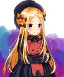  abigail_williams_(fate/grand_order) bangs black_bow black_dress black_hat blonde_hair blush bow closed_mouth commentary dress eyebrows_visible_through_hair fate/grand_order fate_(series) forehead hair_bow hat highres long_hair long_sleeves looking_at_viewer object_hug orange_bow parted_bangs polka_dot polka_dot_bow purple_eyes sleeves_past_fingers sleeves_past_wrists smile solo stuffed_animal stuffed_toy teddy_bear very_long_hair yuuki_(snow-rain00) 