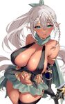  1girl aqua_bow artist_name blue_eyes bow breasts cleavage commentary_request cowboy_shot dark-skinned_female dark_elf dark_skin elf gold_trim grey_skirt hair_between_eyes hair_bow hair_ornament highres large_breasts looking_at_viewer mataro_(matarou) microskirt navel open_mouth original pointy_ears ponytail simple_background skirt smile solo stomach upper_body white_background white_hair 
