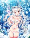  2018 :d air_bubble artist_name ass_visible_through_thighs bangs bare_shoulders bikini blue_bow blue_nails blush bow breasts bubble cleavage collarbone commentary_request eyebrows_visible_through_hair fingernails hair_between_eyes hair_ribbon heart heart_hands highres kamiya_maneki large_breasts long_hair nail_polish navel open_mouth original pink_scrunchie red_eyes ribbon scrunchie silver_hair smile solo striped swimsuit thigh_gap tiara two_side_up underwater vertical-striped_bikini_top vertical_stripes very_long_hair white_bikini white_ribbon wrist_scrunchie 