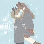  1boy 1girl animal_ears ankle_socks aqua_background arms_around_neck black_hairband black_socks brown_hair brown_scarf carrying carrying_person closed_eyes couple crescent face-to-face facing_another fake_animal_ears from_side grey_jacket hairband happy heart hug jacket jumping long_hair long_sleeves mouse_ears necono_naco open_mouth original plaid plaid_scarf profile scarf short_hair smile socks sparkle standing star_(symbol) unfinished 