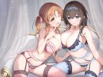  2girls ;d absurdres asymmetrical_docking black_garter_straps black_hair blue_bra blue_garter_belt blue_panties blue_thighhighs blush bra breast_press breasts brown_hair cleavage collarbone commentary_request curtains fujinomiya_rio garter_straps hair_ribbon highres huge_breasts idolmaster idolmaster_cinderella_girls indoors large_breasts lingerie looking_at_viewer multiple_girls navel one_eye_closed panties pink_bra pink_garter_belt pink_panties pink_thighhighs ribbon sagisawa_fumika sitting skindentation smile stomach thighhighs totoki_airi twintails underwear 