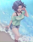  1girl :d adjusting_hair beach beer_can black_bra bra breasts can commentary_request drink_can from_above grand_blue green_shirt grey_shorts hamaoka_azusa kyou_fumei looking_at_viewer medium_breasts ocean off-shoulder_shirt off_shoulder purple_eyes purple_hair shirt short_hair short_shorts shorts signature smile solo underwear watermark 
