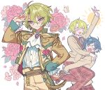  2boys :d absurdres angry arm_up ascot blue_hair brown_jacket brown_pants bug butterfly carrying carrying_person closed_mouth collared_shirt cowboy_shot doughnut ensemble_stars! eve_(ensemble_stars!) fang floral_print flower food gold_trim green_hair hair_between_eyes hand_on_own_hip highres idol_clothes jacket long_sleeves looking_at_another looking_at_viewer male_focus meremero multiple_boys multiple_views open_mouth pants pink_flower pink_rose plaid plaid_pants purple_eyes red_pants reimei_school_uniform rose sazanami_jun school_uniform shirt short_hair smile standing sun tomoe_hiyori wavy_hair white_ascot white_background white_shirt yellow_eyes 