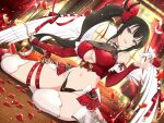  1girl angel_wings black_hair black_panties blue_eyes bow_(weapon) breasts cleavage cleavage_cutout clothing_cutout detached_sleeves feathers flower flower-shaped_pupils hair_ribbon high_heels highres holding holding_bow_(weapon) holding_weapon kagura_(senran_kagura) kneeling large_breasts lingerie long_hair looking_at_viewer nail_polish navel official_art open_mouth panties petals red_flower red_rose ribbon rose senran_kagura senran_kagura_new_link side_ponytail smile symbol-shaped_pupils thigh_strap thighhighs underwear valentine weapon wing_ornament wings yaegashi_nan 