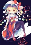  1girl alternate_wings ascot black_pantyhose blonde_hair blue_background bow breasts closed_mouth collared_shirt crystal dark_background finger_to_mouth flandre_scarlet frilled_shirt_collar frills full_moon hat hat_bow hat_ribbon hiyuu_(hiyualice) index_finger_raised laevatein_(touhou) large_bow looking_at_viewer mary_janes medium_hair mob_cap moon multicolored_wings one_side_up pantyhose puffy_short_sleeves puffy_sleeves red_eyes red_footwear red_ribbon red_skirt red_vest ribbon ribbon-trimmed_headwear ribbon_trim shirt shoes short_sleeves simple_background sitting skirt sleeve_bow sleeve_ribbon small_breasts solo touhou vest white_headwear white_shirt wings wrist_cuffs yellow_ascot 