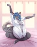 anthro bed bedroom belly big_belly big_breasts blinds blue_hair bottomless breasts button_(fastener) clothed clothing crossed_legs domestic_cat dress_shirt ear_piercing eyes_closed felid feline felis female furniture hair heavy hi_res mammal morning navel on_bed open_clothing open_shirt open_topwear outie_navel piercing pregnant pregnant_female shirt sitting sitting_on_bed solo stretching tiggybloom topwear white_clothing white_shirt white_topwear