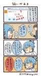  1boy 1girl 4koma :d artist_name bangs black_hair black_shirt blue_hair cellphone collared_shirt comic commentary_request holding holding_paper holding_phone labcoat long_sleeves notice_lines open_mouth paper personification phone ponytail shirt short_ponytail smartphone smile translation_request tsukigi twitter twitter-san twitter-san_(character) twitter_username yellow_eyes 