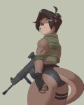 2024 ahoge anthro assault_rifle big_butt black_bottomwear black_claws black_clothing black_gloves black_hair black_handwear black_shorts bottomwear brown_body brown_fur bulletproof_vest butt claws clothing finger_claws fingerless_gloves fur girly gloves green_clothing green_eyes green_topwear green_vest gun hair half-closed_eyes hand_on_leg hand_on_thigh handwear hi_res holding_gun holding_object holding_weapon hotpants looking_at_viewer looking_back male mammal mr-shin muscular muscular_anthro muscular_male mustelid narrowed_eyes otter pupils ranged_weapon rear_view rifle river_otter shin_(mr-shin) shorts solo tan_body tan_fur thick_thighs tight_clothing topwear vest weapon