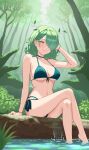  1girl bare_shoulders barefoot bikini braid branch breasts ceres_fauna cleavage crossed_legs diptip forest front-tie_bikini_top front-tie_top grass green_bikini green_hair hair_over_one_eye highres hololive hololive_english large_breasts leaf log long_hair looking_at_viewer mole mole_under_eye nature navel smile solo swimsuit thighs tree virtual_youtuber water yellow_eyes 
