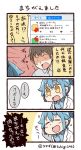  1girl 4koma :d ^_^ anger_vein angry arm_behind_head artist_name bangs blue_hair blue_shirt blush_stickers closed_eyes collared_shirt comic commentary_request emphasis_lines eyebrows_visible_through_hair flying_sweatdrops grey_shirt long_sleeves notice_lines open_mouth personification ponytail shaded_face shirt short_ponytail shouting sidelocks smile spoken_anger_vein spoken_sweatdrop sweatdrop translation_request tsukigi twitter twitter-san twitter-san_(character) twitter_username v-shaped_eyebrows yellow_eyes 