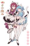  2boys alternate_costume animal_ears apron bell black_dress black_footwear blue_dress blue_eyes blue_hair bow cat_ears cat_tail closed_mouth coffee_cup cream_soda crossdressing cup disposable_cup dress enmaided ensemble_stars! food frilled_apron frilled_dress frills frying_pan full_body glasses hair_between_eyes hand_on_another&#039;s_shoulder hand_on_own_hip highres holding holding_frying_pan intertwined_tails kemonomimi_mode leaning_on_person looking_at_viewer maid maid_apron maid_headdress male_focus male_maid meremero multiple_boys neck_bell omelet omurice open_mouth pancake pancake_stack pink_bow pudding puffy_short_sleeves puffy_sleeves purple_hair saegusa_ibara shino_hajime shoes short_hair short_sleeves simple_background smile standing tail thigh_strap thighhighs waist_apron white_apron white_background white_thighhighs wrist_cuffs 