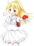  1girl :d backpack bag blonde_hair blush clenched_hand cowboy_shot doyagao green_eyes hachimi holding holding_poke_ball lillie_(pokemon) long_hair looking_at_viewer open_mouth outstretched_arm pleated_skirt poke_ball poke_ball_(basic) pokemon pokemon_sm ponytail puff_of_air shirt short_sleeves skirt smile smug solo white_background white_shirt white_skirt 