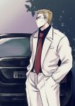  1boy black-framed_eyewear blazer blonde_hair car closed_mouth collared_shirt commentary_request expressionless fukumoto_mahjong hair_slicked_back hands_in_pockets harada_katsumi highres jacket looking_afar male_focus mercedes-benz motor_vehicle necktie open_clothes open_jacket pants profile red_necktie shirt short_hair solo standing suit sunglasses ten_(manga) white_jacket white_pants y_(yism) 