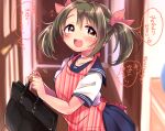  1girl apron bag blue_sailor_collar blue_skirt blurry blurry_background blush bow breasts brown_eyes brown_hair collarbone flying_sweatdrops hair_bow hair_ribbon hands_up heart holding holding_bag idolmaster idolmaster_cinderella_girls idolmaster_cinderella_girls_starlight_stage imai_kana indoors jamu long_hair looking_at_viewer medium_breasts open_mouth pink_ribbon pleated_skirt red_apron ribbon sailor_collar school_uniform serafuku shirt short_sleeves signature skirt smile solo speech_bubble striped_apron striped_clothes teeth twintails upper_teeth_only white_shirt 