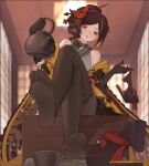  1girl bare_shoulders black_pantyhose blurry blurry_background brown_hair chiori_(genshin_impact) commentary_request crossed_legs dress feet foot_focus genshin_impact holding_kettle holding_shoe indoors legs no_shoes pantyhose red_eyes short_hair sitting soles solo toes xssh yellow_dress 