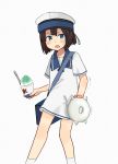  annin_musou blue_eyes brown_hair commentary_request daitou_(kantai_collection) dress enemy_lifebuoy_(kantai_collection) hat highres holding kantai_collection open_mouth ponytail shaved_ice shinkaisei-kan short_hair short_sleeves simple_background socks solo v-shaped_eyebrows white_background white_dress white_hat white_legwear 