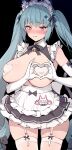  1girl animal_ears apron bare_shoulders bell black_dress blue_hair blush breasts breasts_out cat_ears covered_nipples dress elbow_gloves garter_straps gloves goddess_of_victory:_nikke haoni heart heart-shaped_boob_challenge heart_hands heart_pasties highres jingle_bell large_breasts long_hair looking_at_viewer maid_headdress open_mouth pasties privaty_(nikke) privaty_(unkind_maid)_(nikke) short_dress solo thighhighs thighs twintails very_long_hair waist_apron white_gloves white_thighhighs yellow_eyes 
