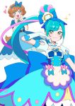  1girl 2girls animal_ears blue_bow blue_dress blue_eyes blue_hair blue_theme bob_cut bow brooch brown_hair cure_spicy delicious_party_precure dog_ears dog_girl dog_tail dress gloves green_eyes hair_bow heart heart_brooch highres holding_ears jewelry long_hair looking_at_viewer magical_girl medium_dress multiple_girls open_mouth pam-pam_(precure)_(human) precure ribbon shirako_love short_hair side_ponytail smile sparkle standing tail very_long_hair white_background white_gloves 